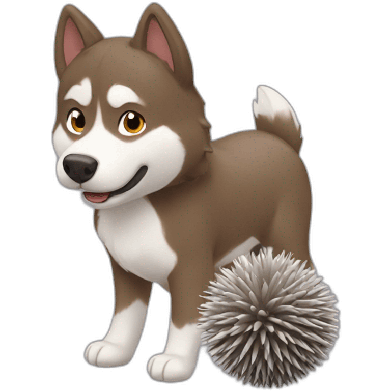 Brown husky with small gray hedgehog toy emoji