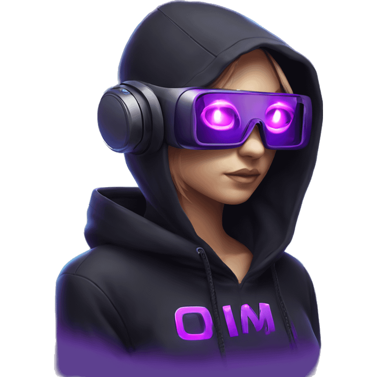 Russian girl wearing black hoody with violet letters "OMG", in vr headset. Cyberpunk style. Violet neon. emoji