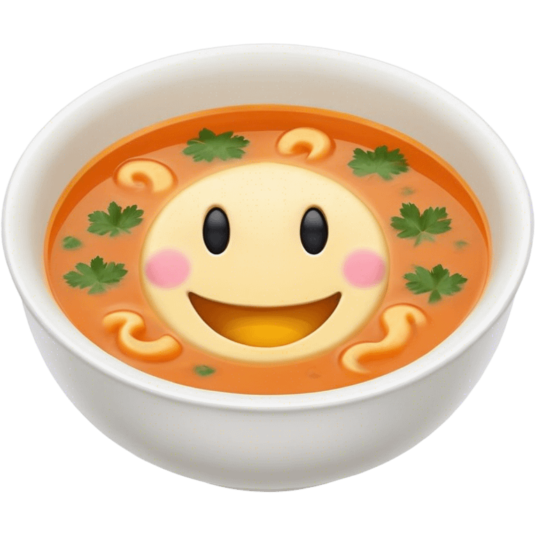 a bowl of soup with a happy face in the soup looking out emoji