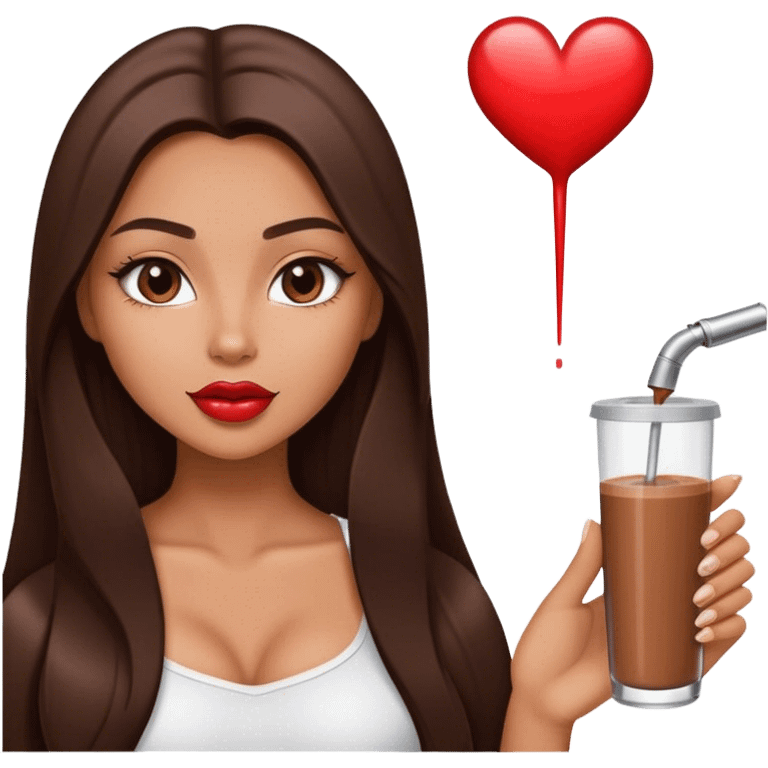 tanned beautiful girl with pump mocha lips and brunette straight long hair showing heart emoji