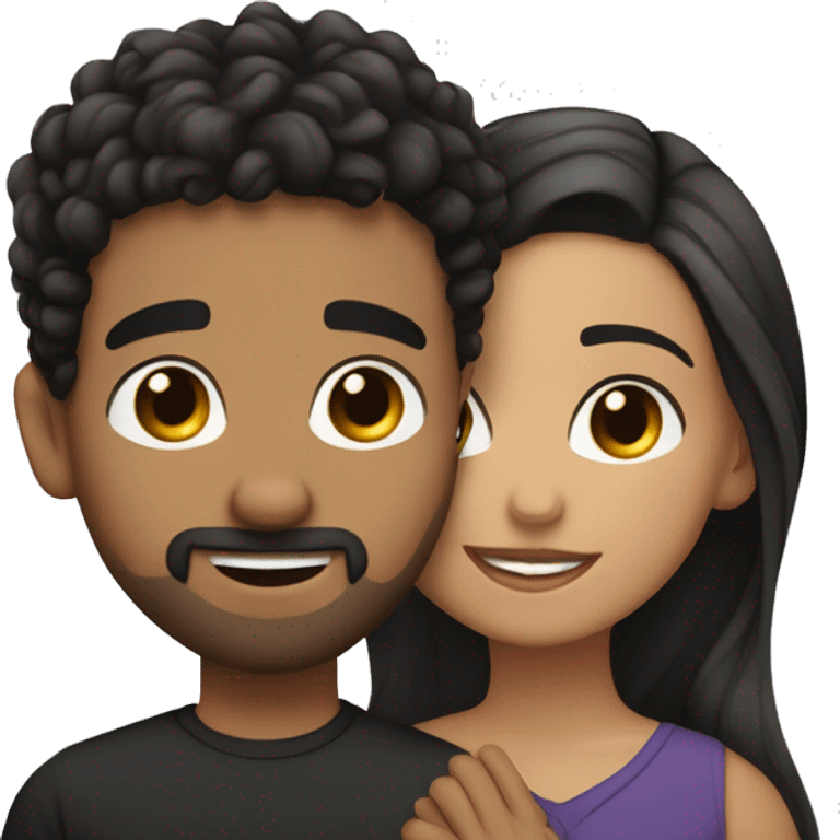 Hispanic girl with light skin, hazel eyes and black wavy hair side hugging Arab boy with medium curly hair and a small mustache and goatee emoji