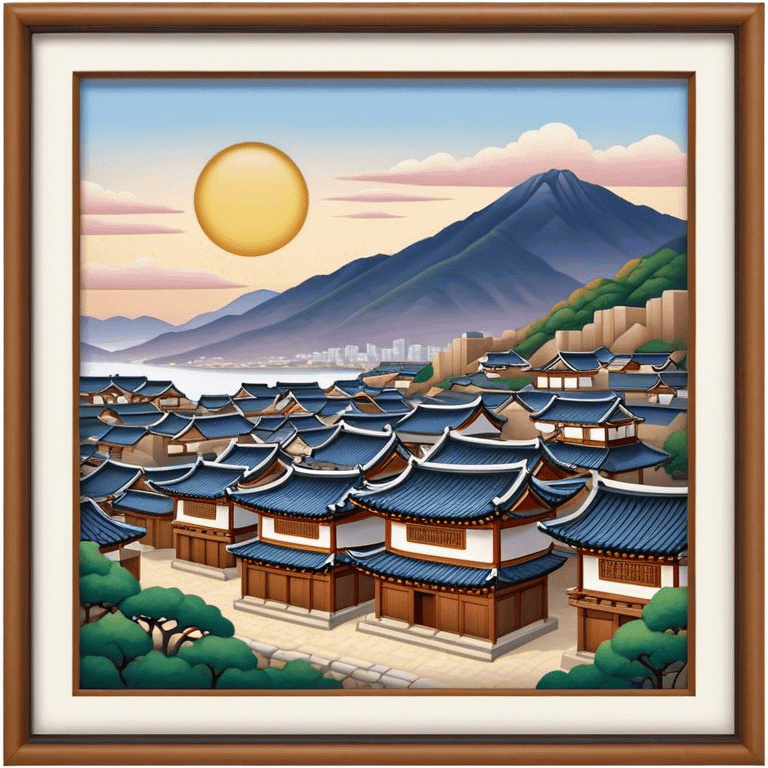 Cinematic Realistic Bukchon Hanok Village Landmark Emoji, depicted with traditional Korean houses set against a scenic backdrop rendered with detailed textures and warm, inviting lighting. emoji