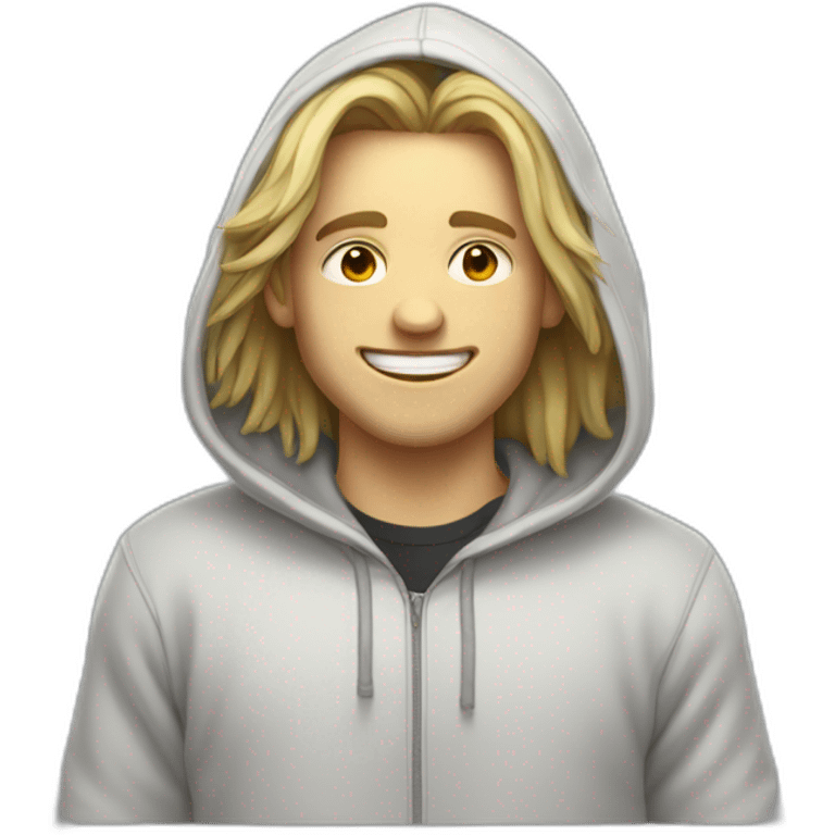 a pale guy with medium long hair wearing a "toxic" hoodie while smiling, from chest to head emoji