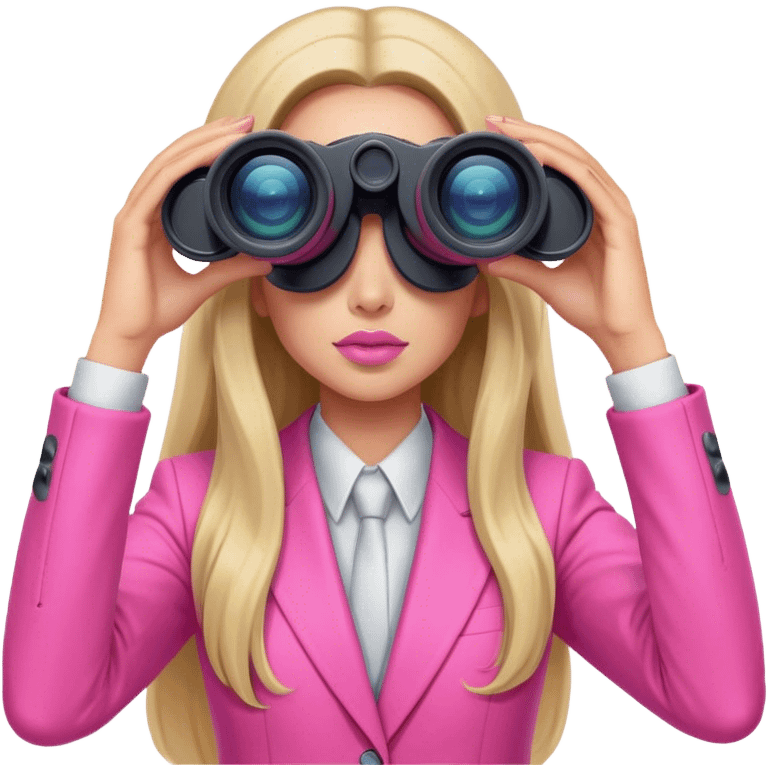 futuristic-looking woman with long hair in an intensive color pink suit looking through binoculars emoji