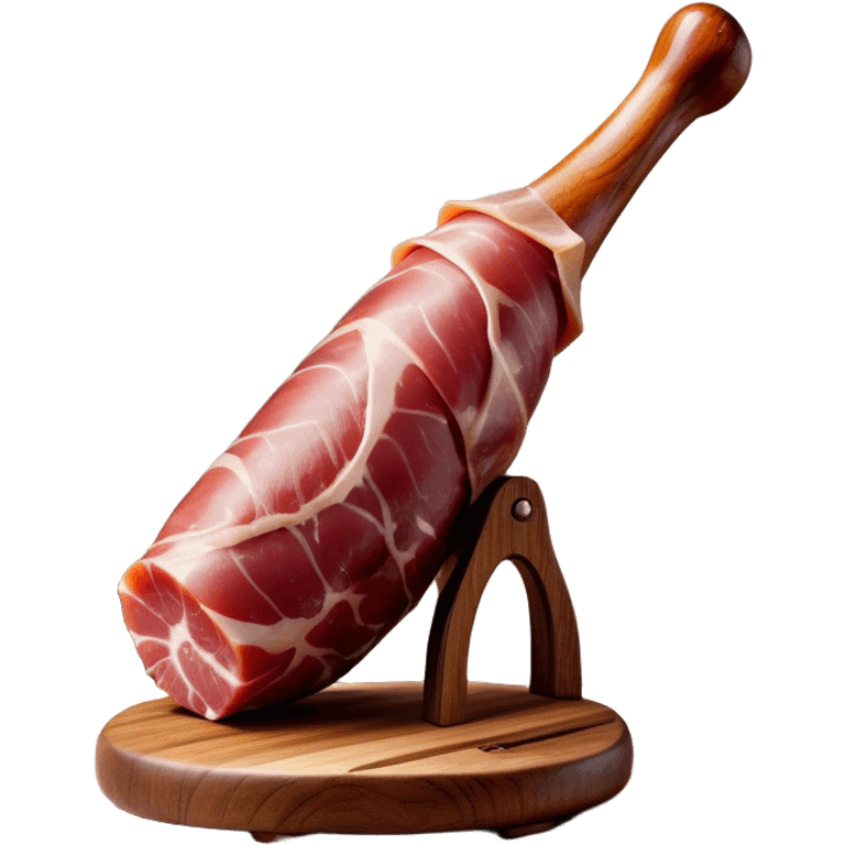 ​Cinematic Realistic Spanish Jamón Leg, depicted as a massive, cured leg of Jamón serrano with a deep reddish-brown hue, intricately marbled and slightly glossy with age, elegantly displayed on a rustic wooden stand and bathed in warm, soft lighting that accentuates its artisanal heritage, emoji