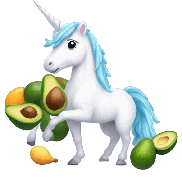 Unicorn standing under a rainbow, which is raining avocados emoji