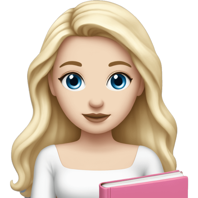 white girl, long long blonde hair, pink book in hand, white dress, blue eyes, pink lips emoji