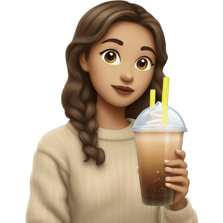 girl with brown hair in beige sweater drinking a bubble tea emoji