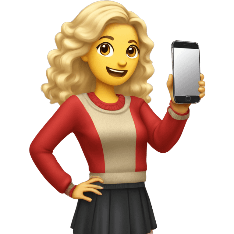 woman with blonde hair, back view, red bow in her hair, dressed in sweater and skirt, holding a smartphone to take a mirror selfie, She has a small red handbag with a gold strap over her shoulder emoji