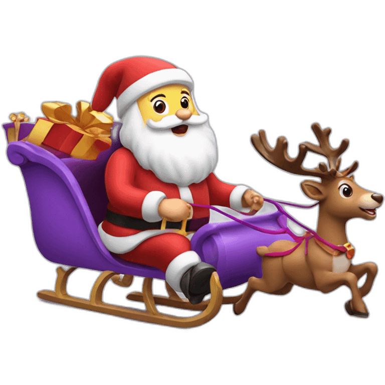 Santa Claus dressed in purple running with his sleigh and reindeer to deliver presents emoji