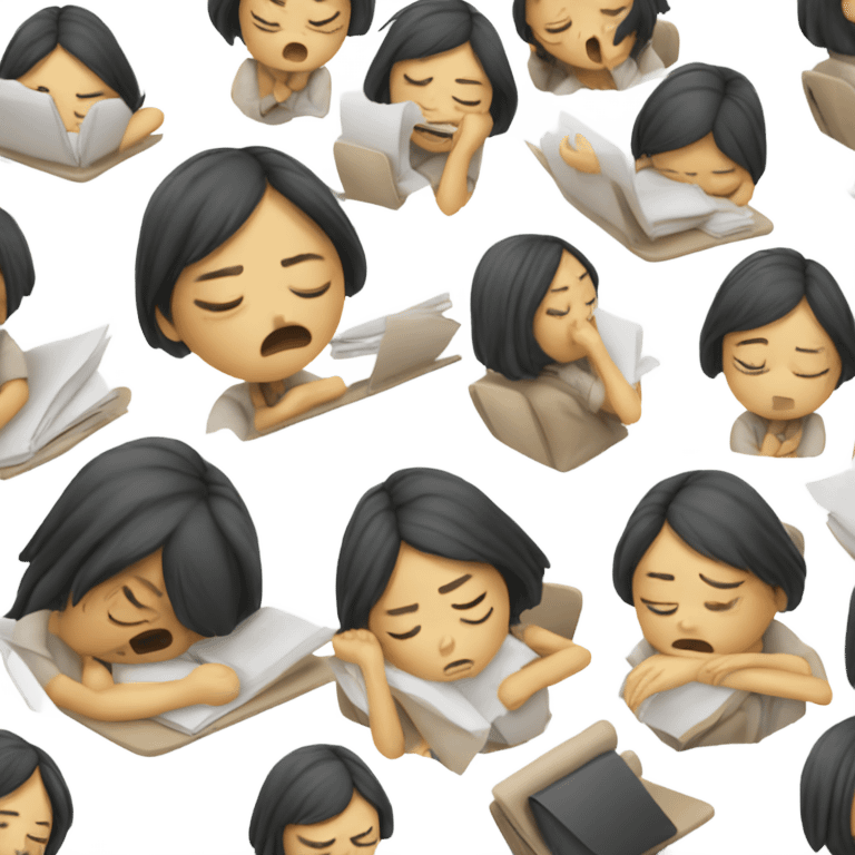 tired asian girl student struggling with final exam and assignments emoji