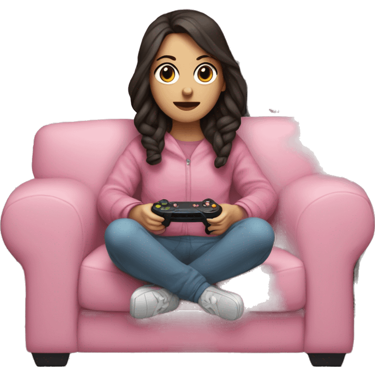 White girl with dark hair wrapped up in a blanket sitting on a couch with a pink gaming controller in her hands emoji