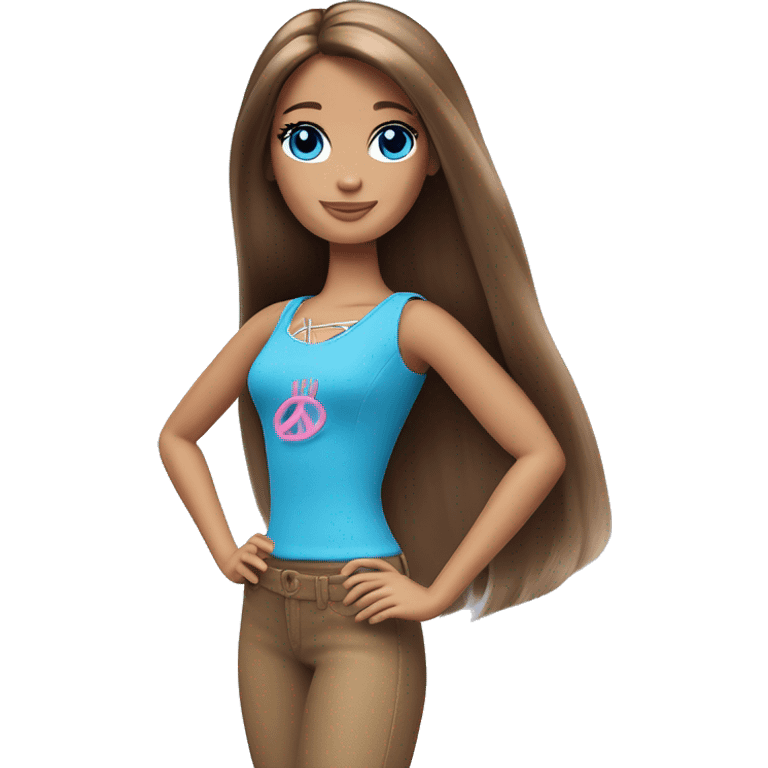 Barbie long brown hair blue eyes posing with her hands in a peace sign emoji