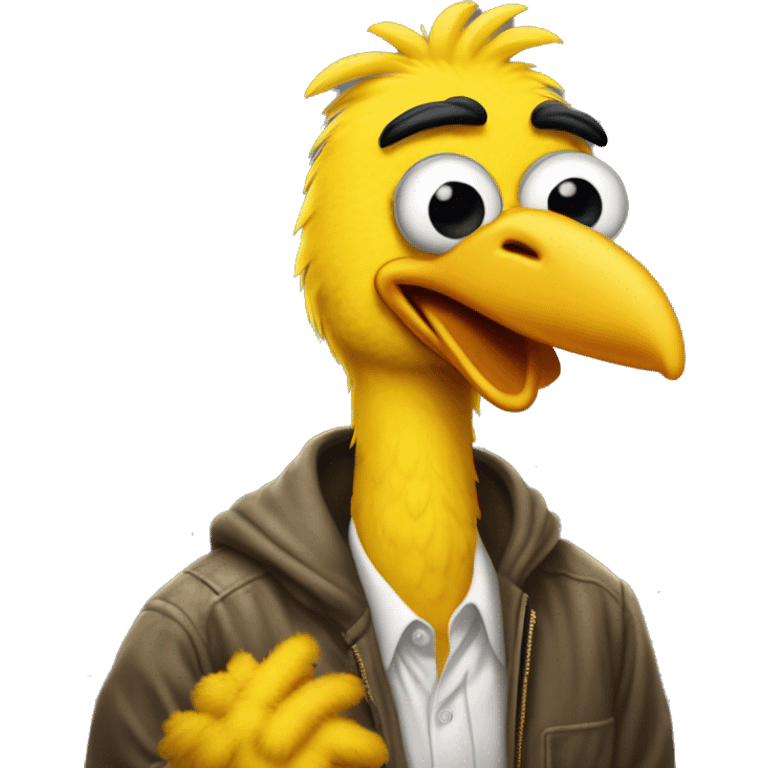 Thug-Life Gangster-style Hood-version of Big Bird:
A towering, yellow-feathered bird with a kind heart and curious nature. Big Bird’s wide eyes and gentle voice make him a beloved friend, always eager to learn and explore. emoji