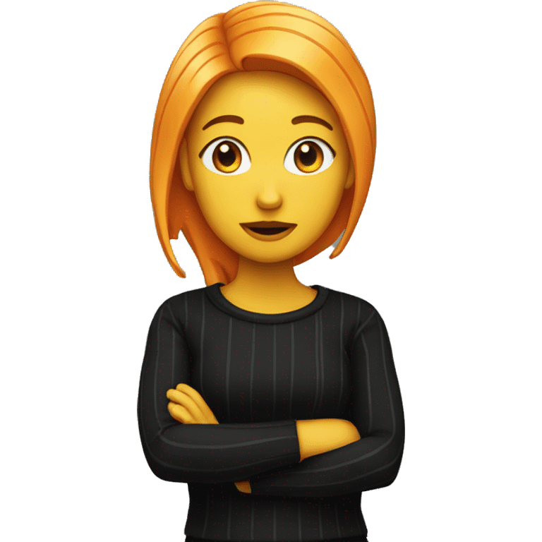 person standing emote, but it is a woman, with yellow skin, striped orange-black hair, a black sweater emoji