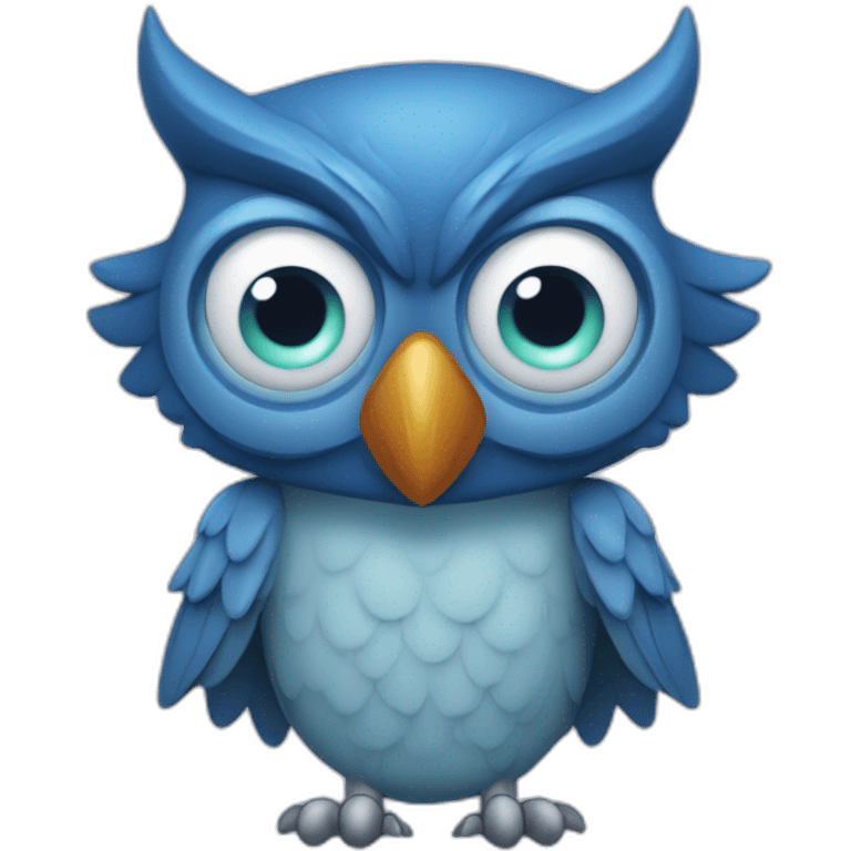 blue owl (hexa color 072a6b) with with devil horns, a wide grin, and eyes and eyebrows scrunched downward, looks angry, cartoon emoji