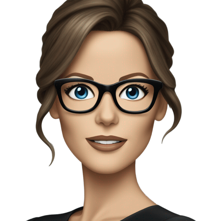 Hyper Realistic photo Kate Beckinsale blue eyes wearing glasses in a business meeting black dress emoji