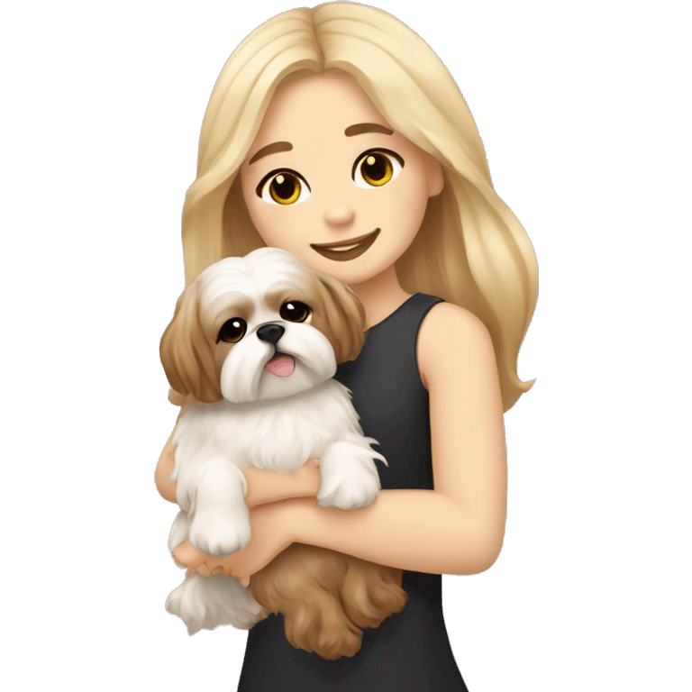 human girl with long wavy brown hair hugging a blonde cream colored shih tzu girl with bow emoji