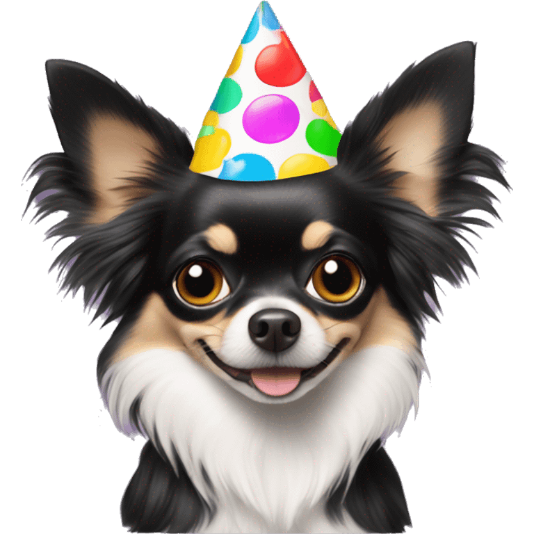 Black long haired chihuahua with a party hat on  emoji