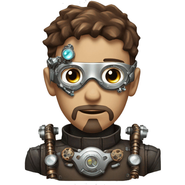 male cyborg head with brown short hair, brown beard, silver steampunk goggles and circuitry emoji