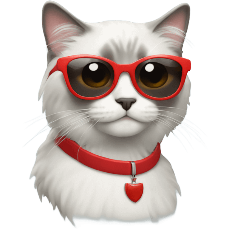 While and grey Ragdoll Cat with red sunglasses emoji