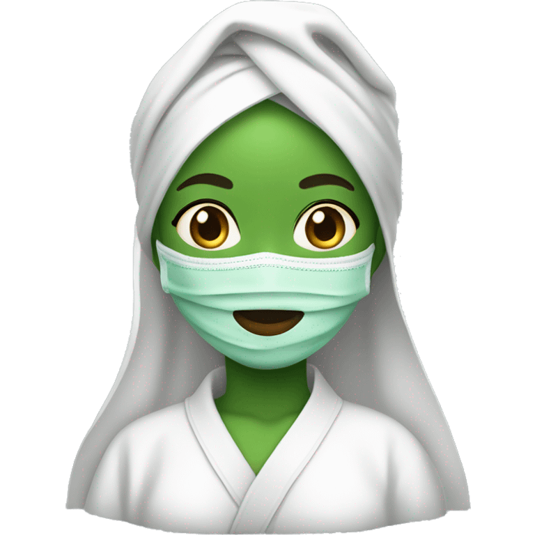 Girl with green face mask and a white robe and white towel on head emoji