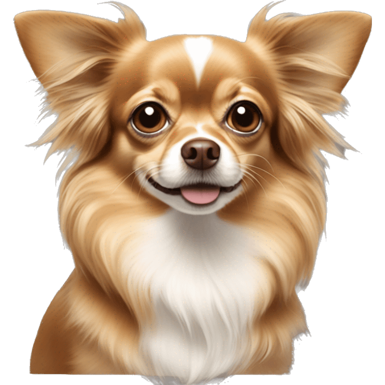 brown long haired chihuahua with white tufts on chest and cropped ears  emoji