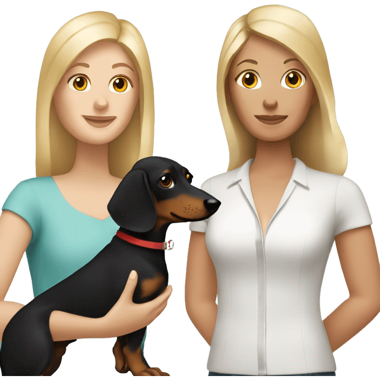 Blonde white woman and Brunette white woman holding black and tan dachshund emoji