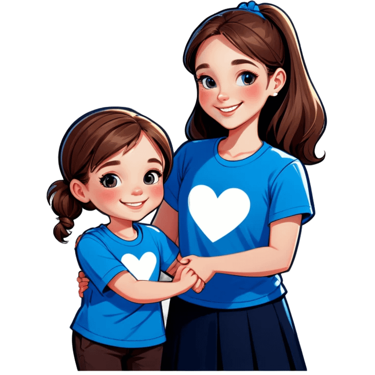 Little Girl, white skin, bronze hair, smile, tutor, bright blue t shirt emoji