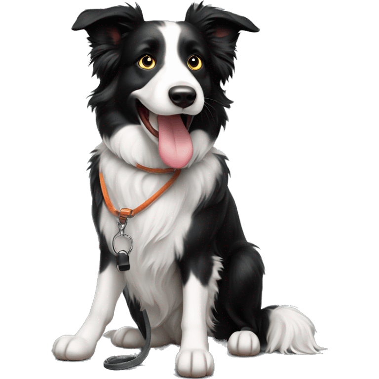 Border collie sitting down on leash from far with tongue out emoji