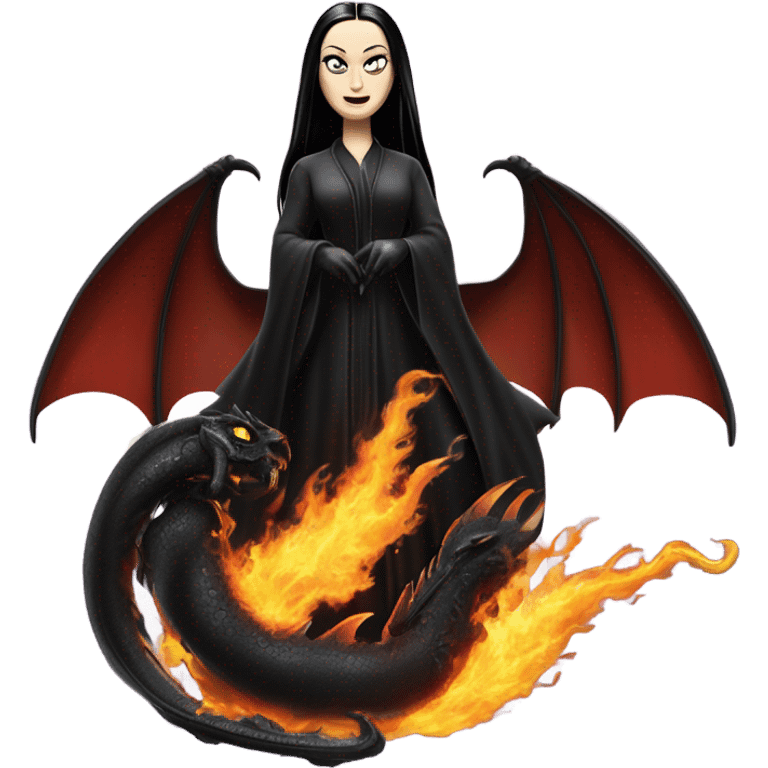  beautifully dressed teen Morticia Addams Jedi riding on the back of a very large black shiny evil-looking fire-spewing dragon. proper scale emoji