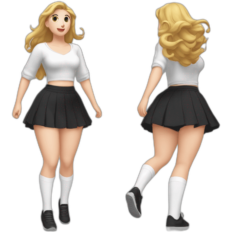 full-body-caucasian-curvy-beauty-jumping-short-black-skirt-back-and-front-views-strong-wind-white knickers-long-white-socks emoji