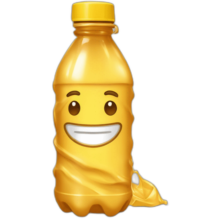 american style water bottle on the ground filled halfway with brownish yellow liquid, crumpled emoji