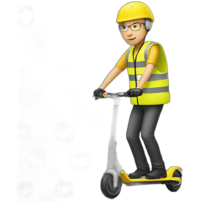 bald man with a yellow cycling helmet on a xiaomi e-scooter whearing a yellow safety vest emoji