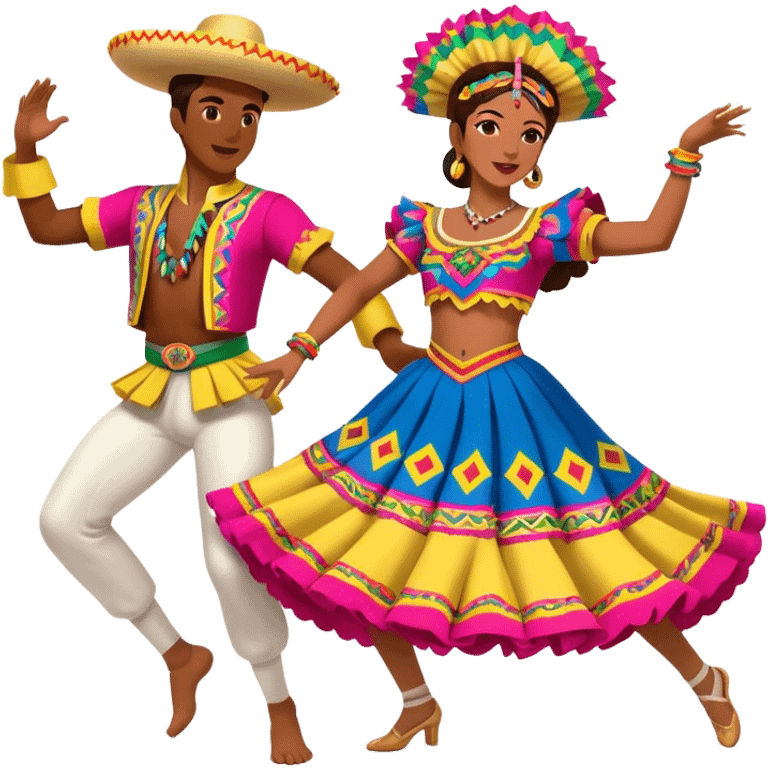 Cinematic Realistic scene of two dancers performing Cumbia, adorned in colorful traditional Colombian costumes with intricate details, captured in rhythmic motion with lively, festive lighting emoji