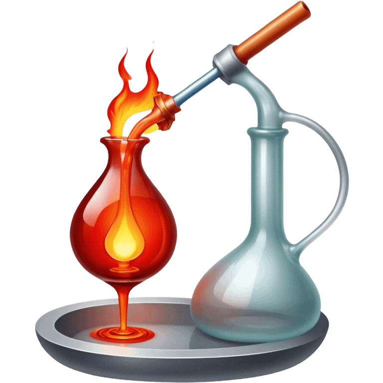 Glassblowing and casting icon, molten glass being shaped into a delicate object with a blowpipe, glowing red-hot glass being poured into a mold, unfinished glass sculpture, minimalistic style, clean lines, transparent background. emoji