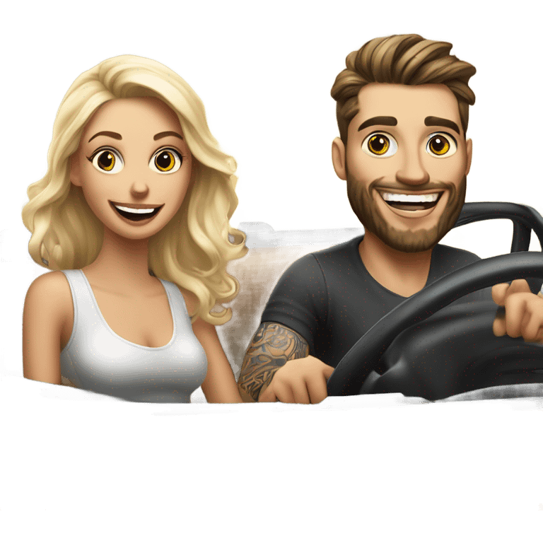 Hyper Realistic beautiful woman and a handsome tattooed man laughing while driving in a fancy car emoji