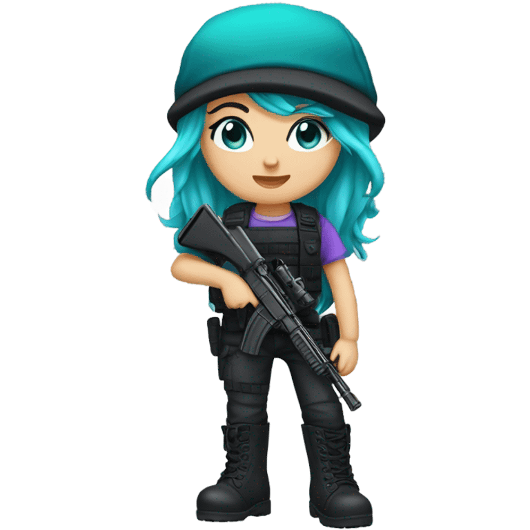 Girl, white skin, tactical vest, dark pants, long teal hair, blue eyes, purple beanie hat, gun, black combat boots emoji