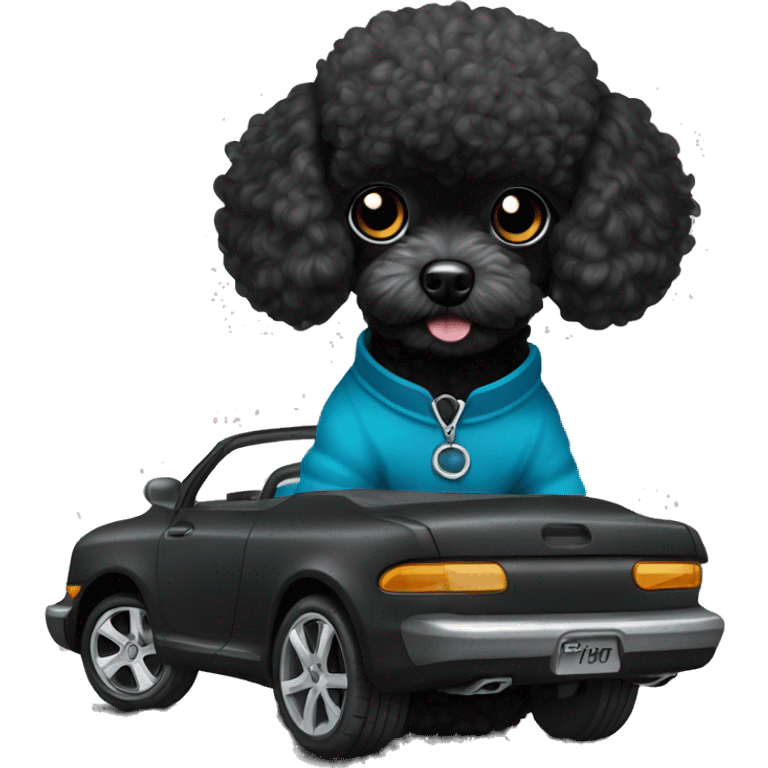 black toy poodle with a black drift car emoji