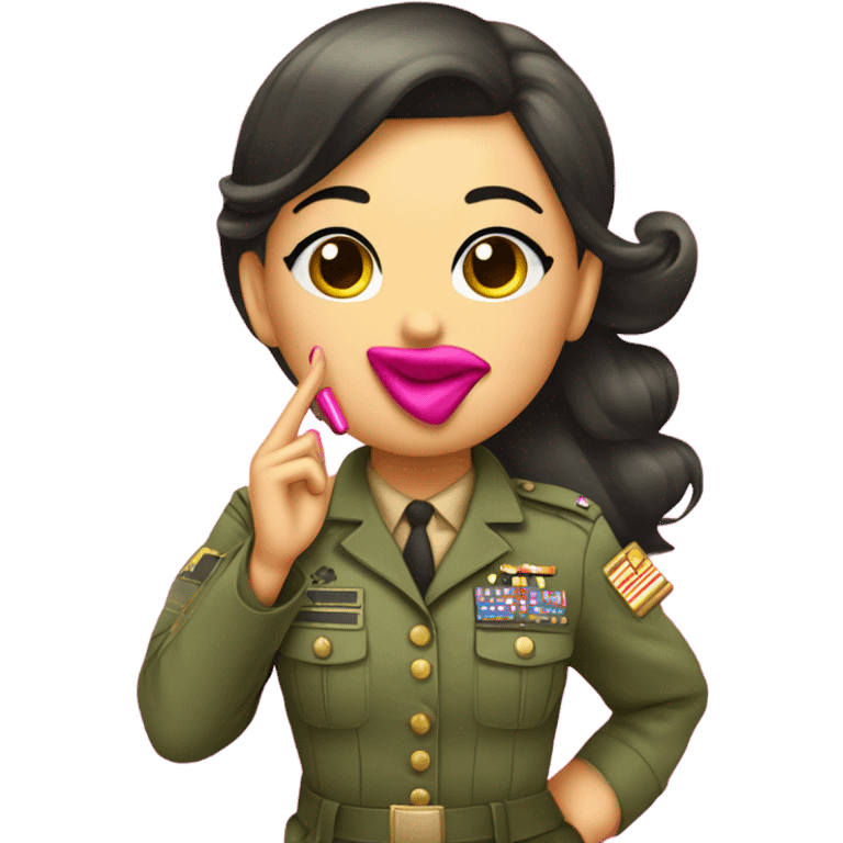 girl in army uniform with lipstick with girly pink bow and glitter saluting emoji emoji