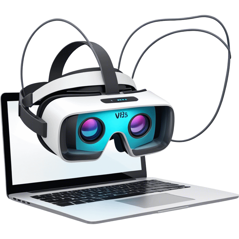 VR headset lying next to a laptop, connected by wires. On the laptop screen a VR/AR modeling program is opened. Floating 3D models or virtual objects. Modern, tech-inspired colors. No emojis or smiley faces. Transparent background. emoji