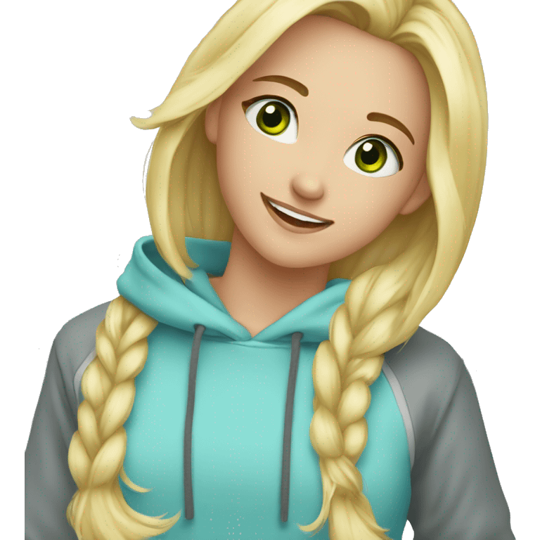 Girl Blonde hair at shoulders, green eyes, sonrisa, light blue hoddie emoji