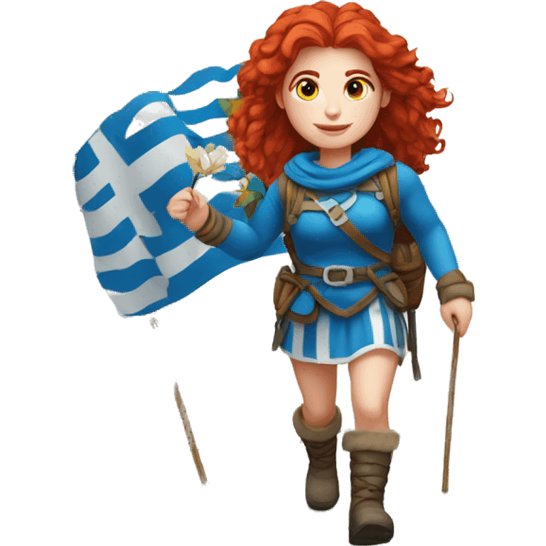 Greek Female winter mountaineer red hair white skin climbing with Greek Flag and Easter eggs basket emoji