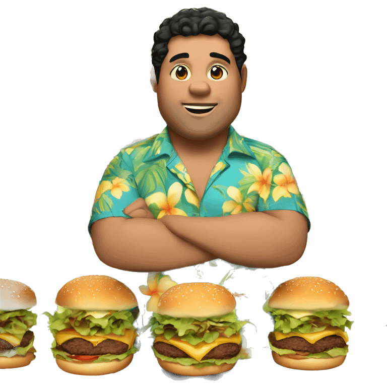 Fat guy wearing hawaiian shirt, black short curly hair, eating burger, belly showing emoji