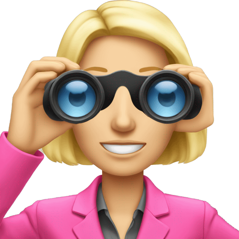 white female employee with loose blonde hair wearing intensive color pink suit looking in binoculars emoji