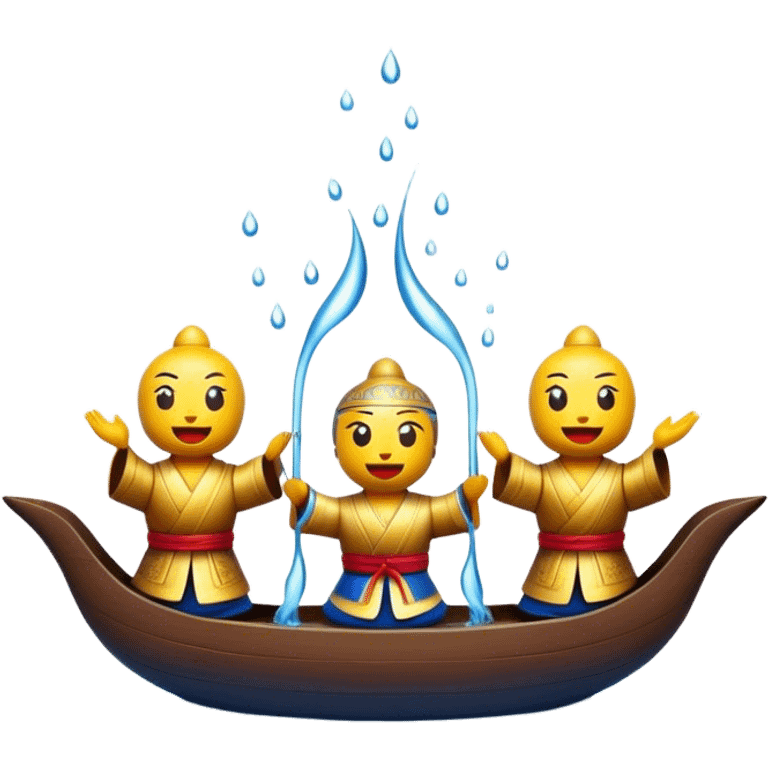 Cinematic Realistic Water Puppetry Emoji, depicted as a whimsical scene of traditional water puppets performing on a reflective water stage, rendered with vivid textures and dynamic playful lighting that captures its enchanting charm. emoji