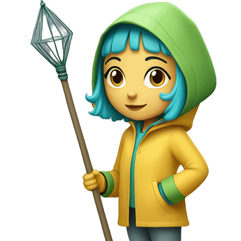 Cute little girl with light short blue hair with peach skin, with yellow raincoat hidden with green boots holding a staff emoji