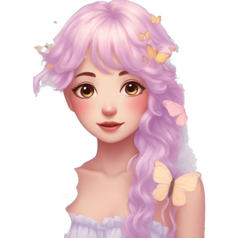 gorgeous anime pastel lady with butterflies and beautiful hair fairycore cottagecore emoji