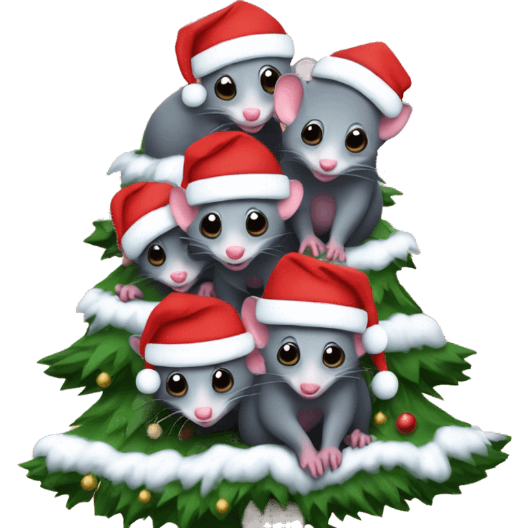 4 possums wearing Santa hats in front of a Christmas tree emoji