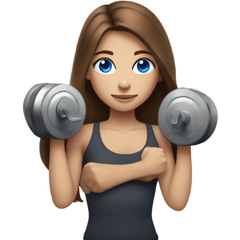 girl with long brown hair,  bright blue eyes, lifting weights emoji